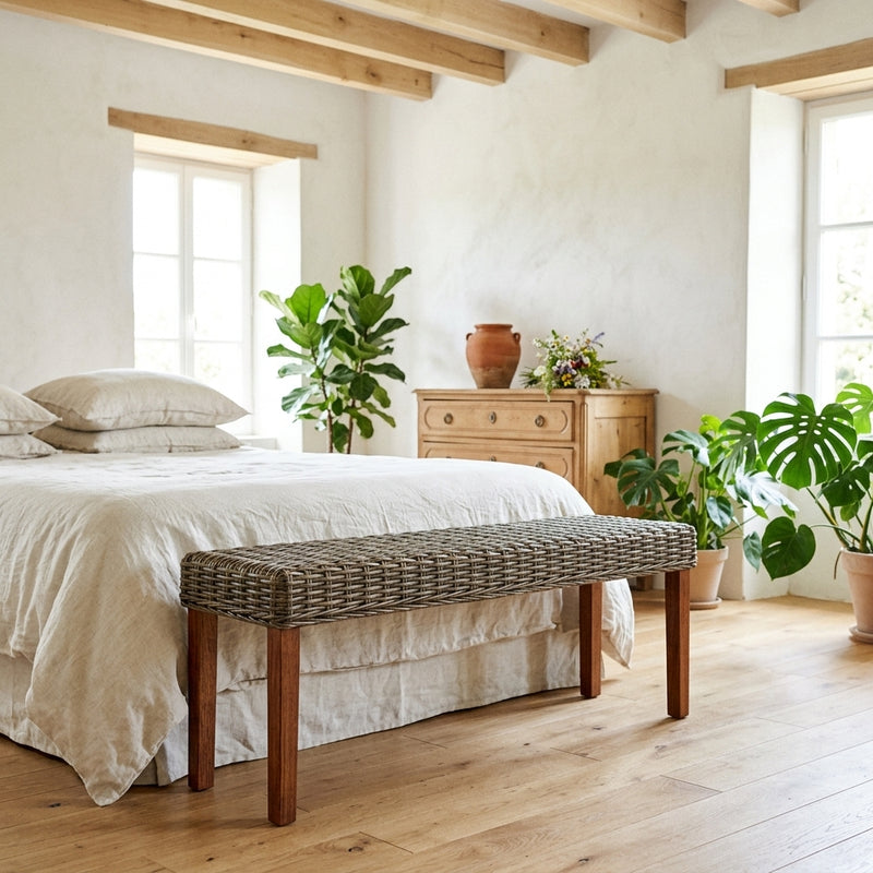 Banc en rotin kubu et bois d'acajou