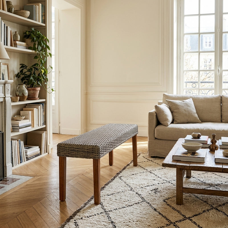 Banc en rotin kubu et bois d'acajou