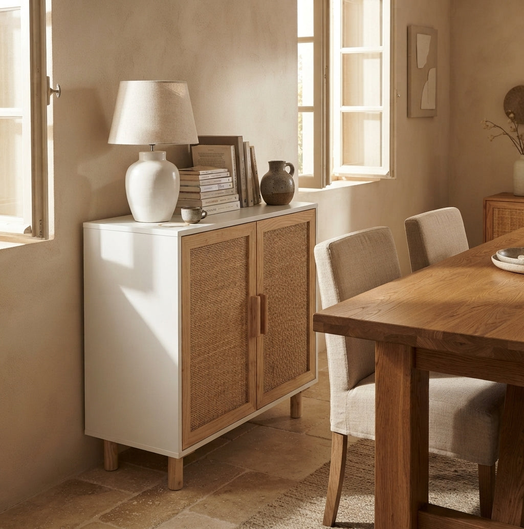 Buffet blanc en pin massif et rotin naturel à 2 portes