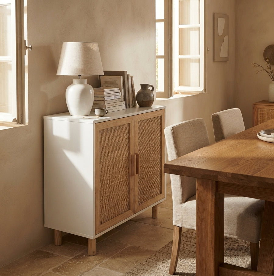 Buffet blanc en pin massif et rotin naturel à 2 portes