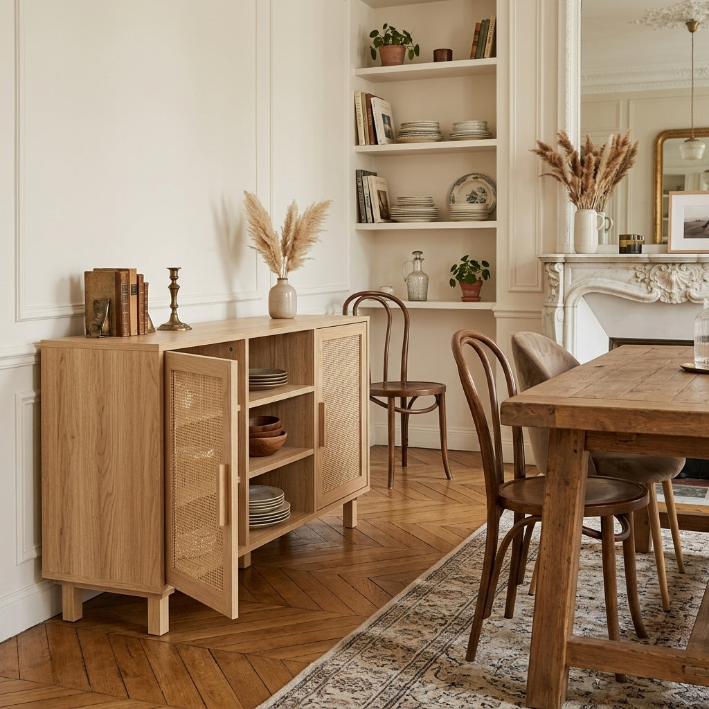 Buffet marron en pin massif et rotin naturel à 2 portes