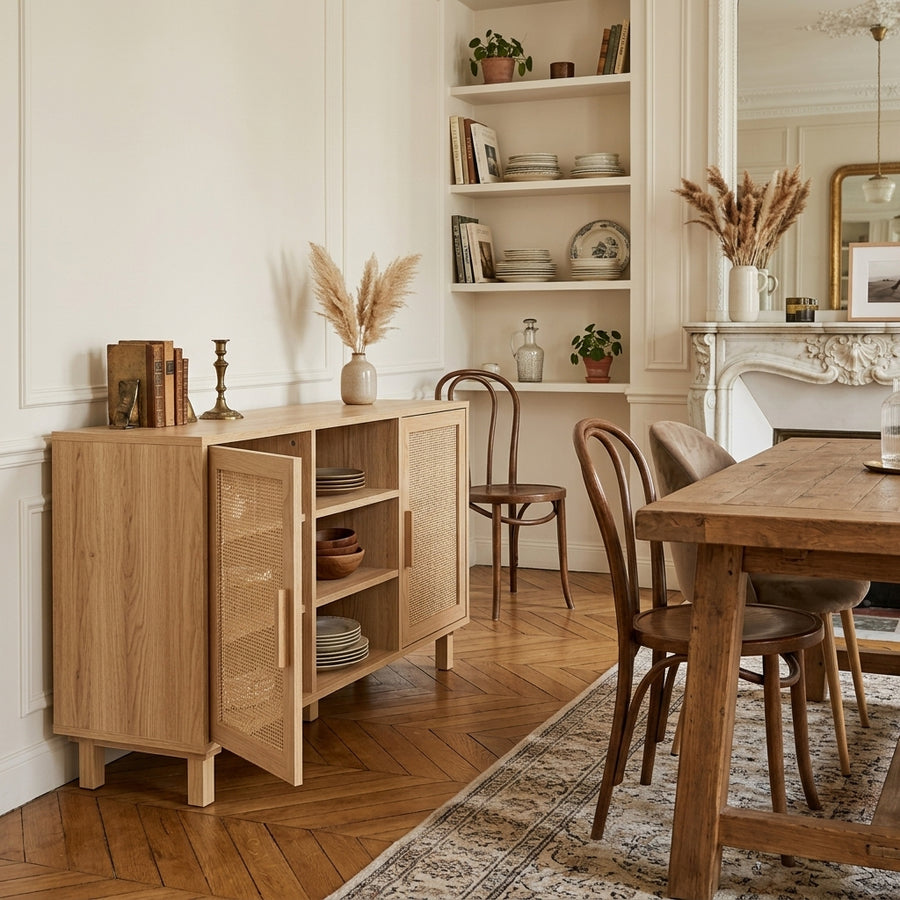 Buffet marron en pin massif et rotin naturel à 2 portes
