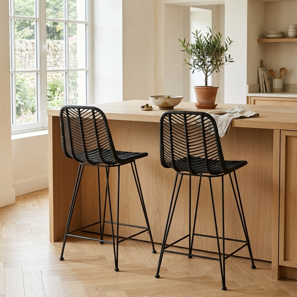 Chaise de bar en rotin noir et métal, Lot de 2