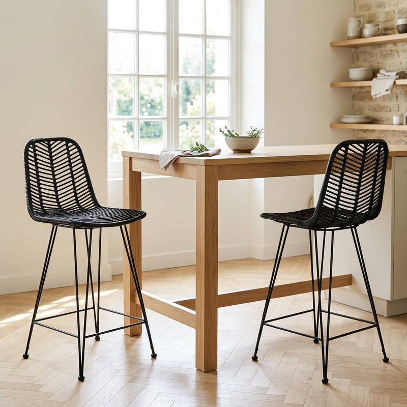 Chaise de bar en rotin noir et métal, Lot de 2