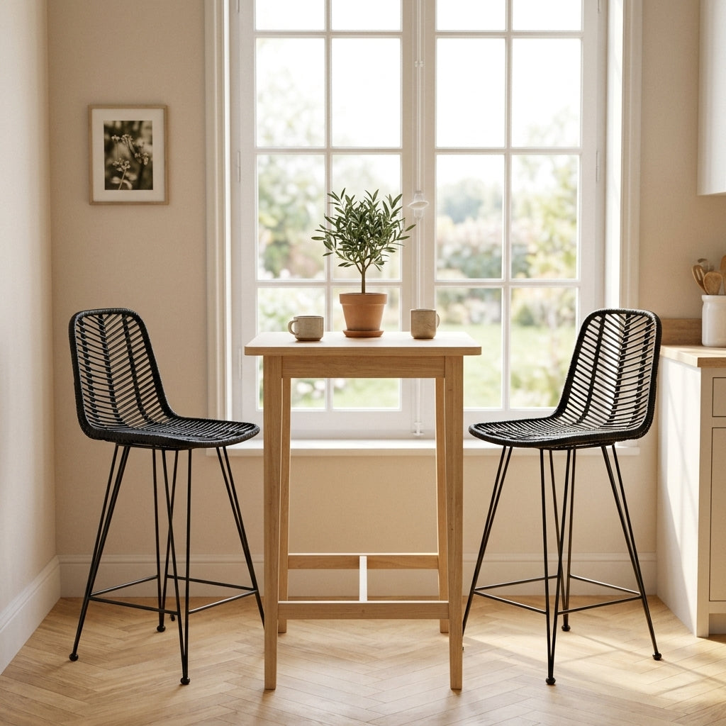 Chaise de bar en rotin noir et métal, Lot de 2