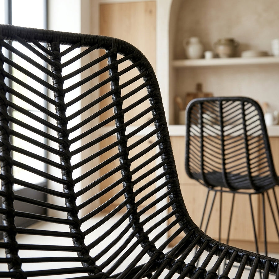 Chaise de bar en rotin noir et métal, Lot de 2