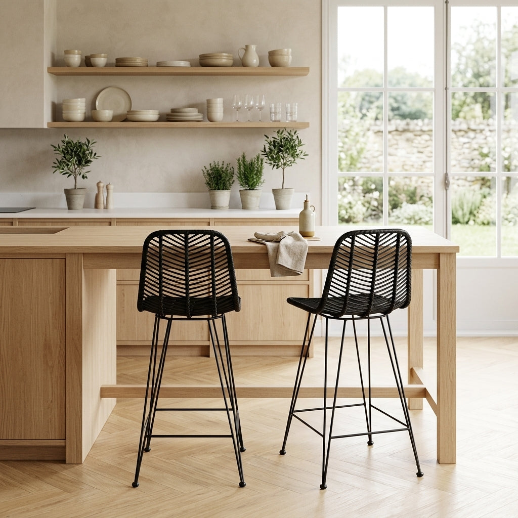 Chaise de bar en rotin noir et métal, Lot de 2