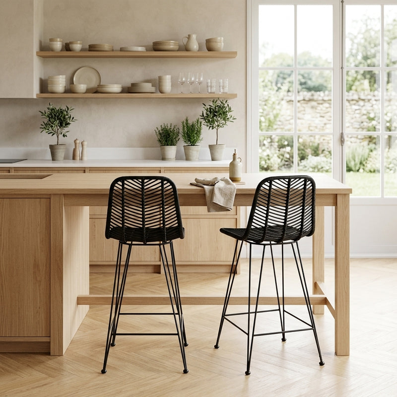 Chaise de bar en rotin noir et métal, Lot de 2