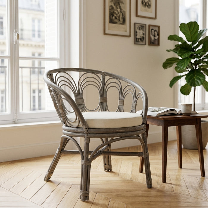 Chaise en rotin gris avec coussin
