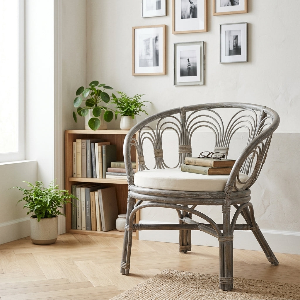 Chaise en rotin gris avec coussin