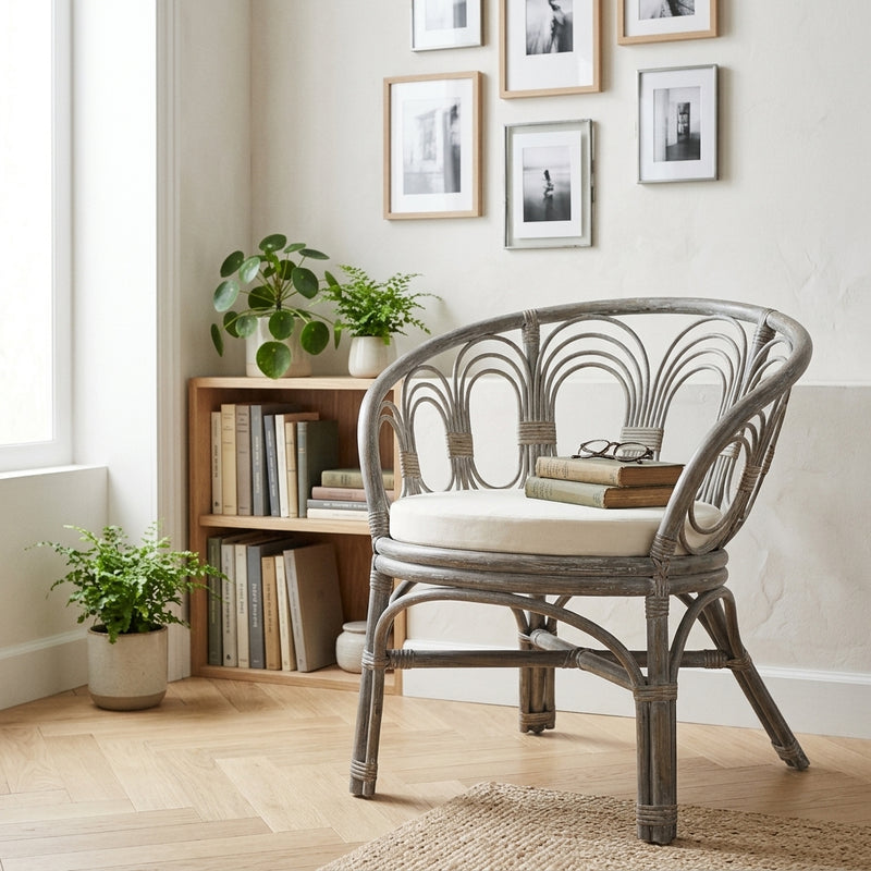 Chaise en rotin gris avec coussin