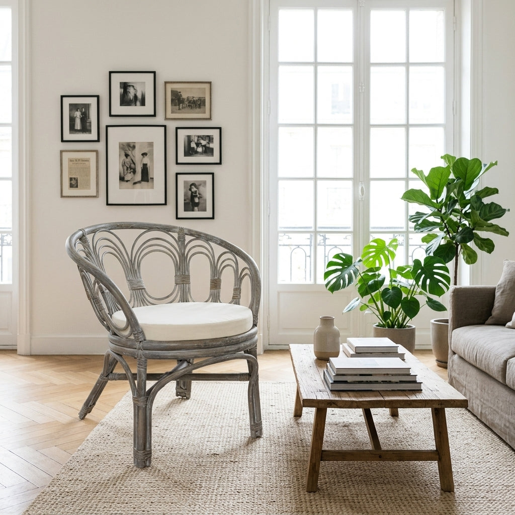 Chaise en rotin gris avec coussin