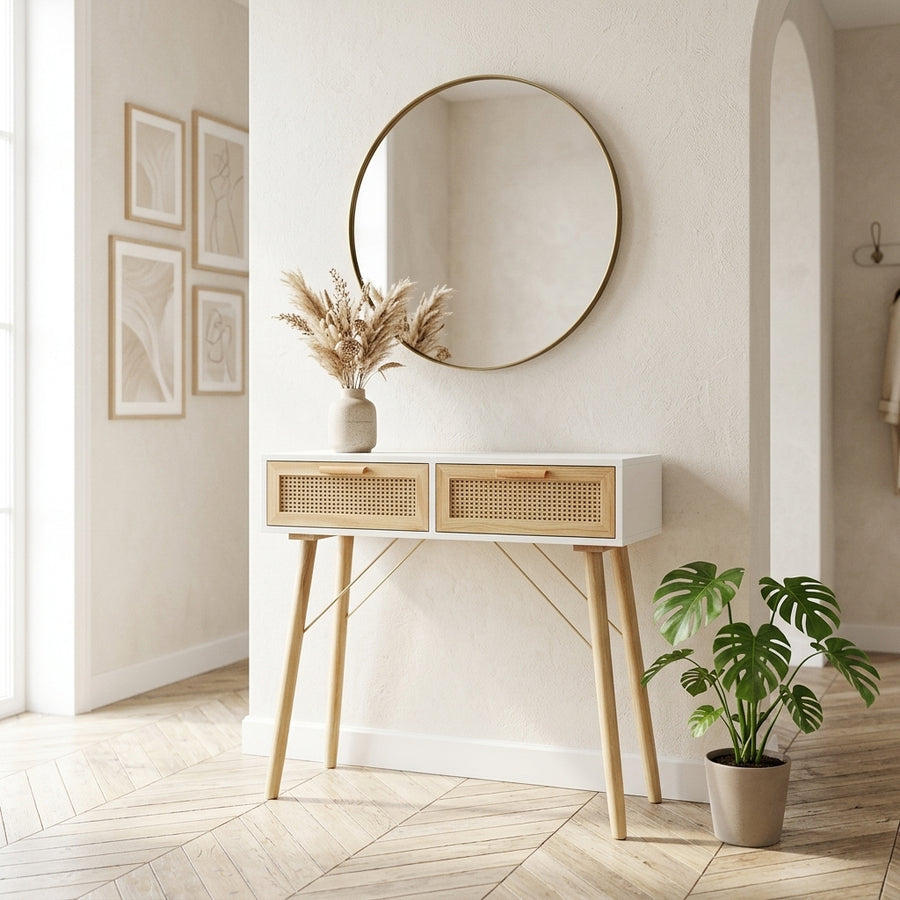 Console blanche en pin massif et rotin naturel