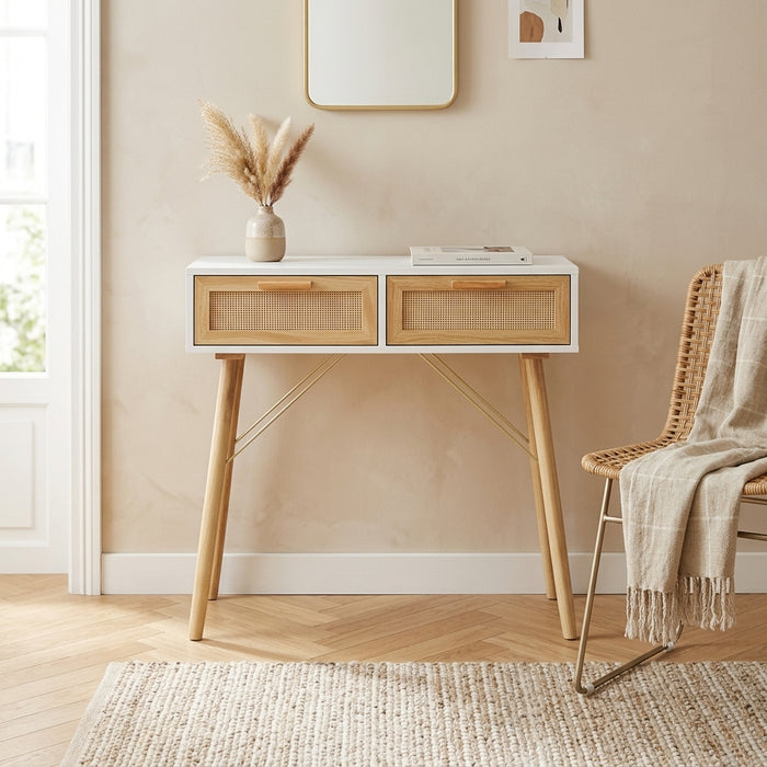 Console blanche en pin massif et rotin naturel