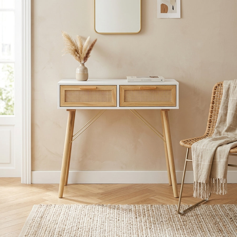 Console blanche en pin massif et rotin naturel