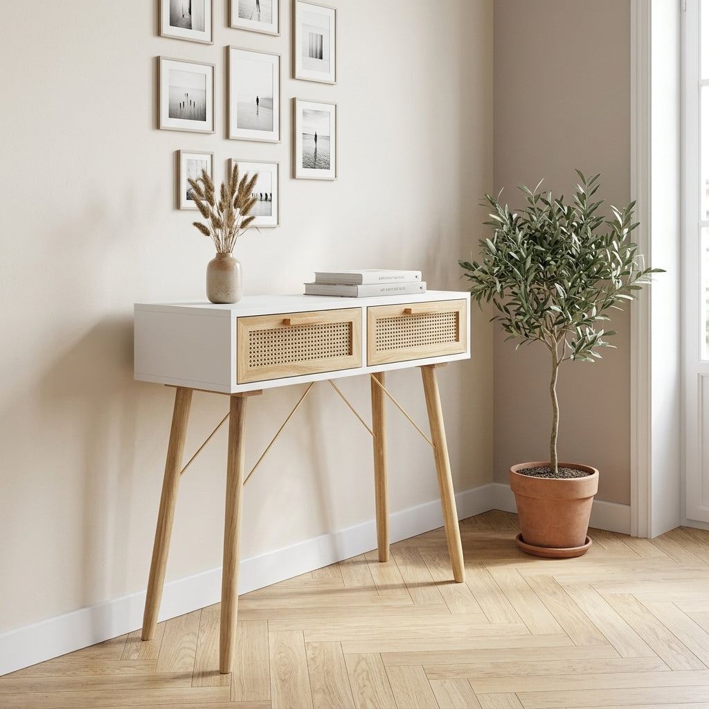 Console blanche en pin massif et rotin naturel