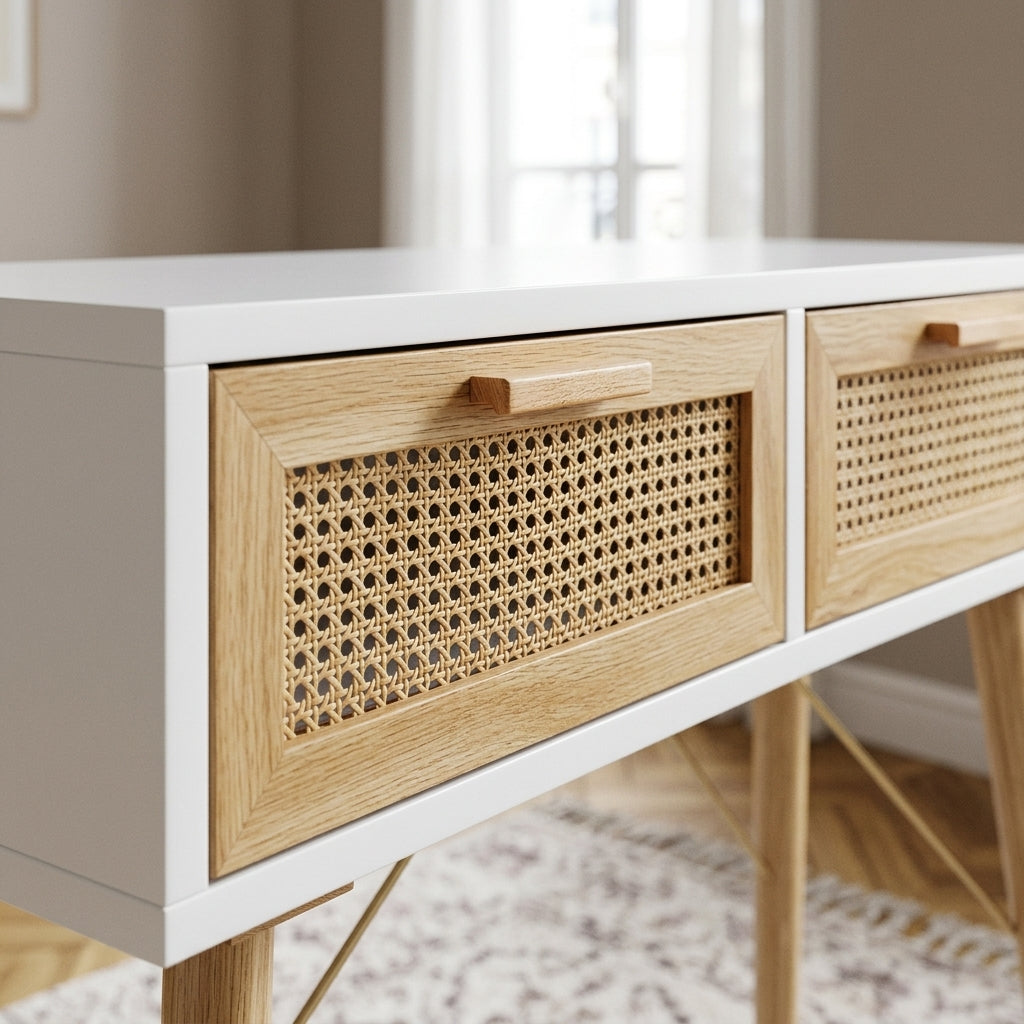 Console blanche en pin massif et rotin naturel