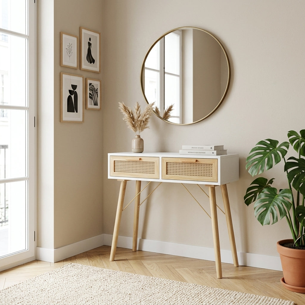 Console blanche en pin massif et rotin naturel