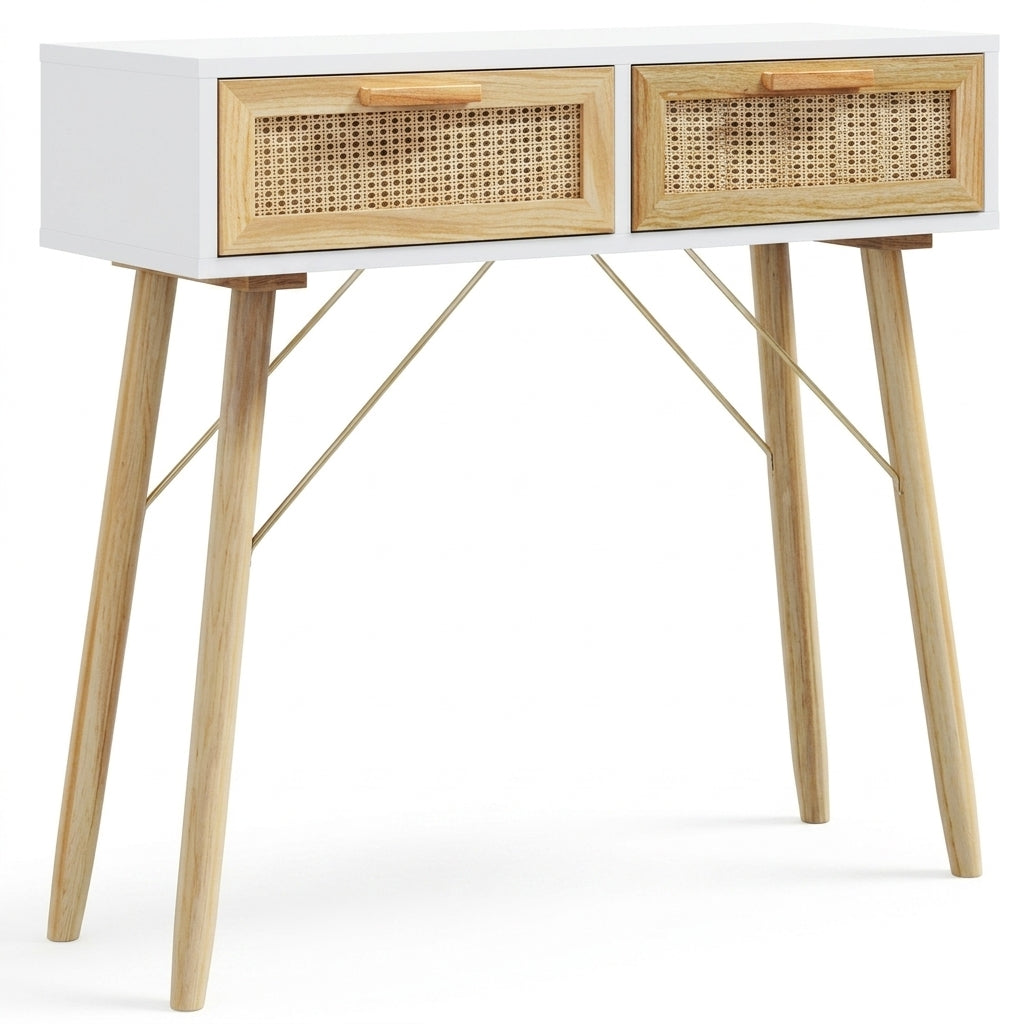 Console blanche en pin massif et rotin naturel