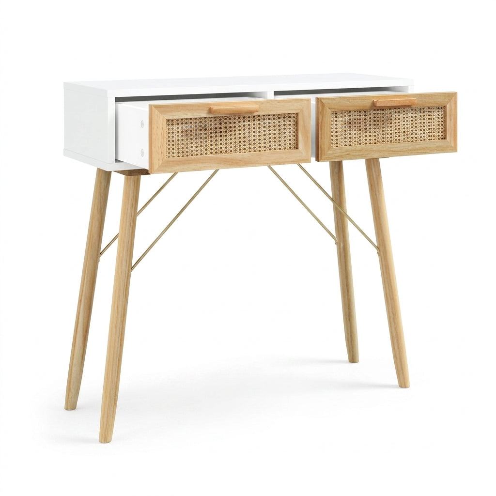 Console blanche en pin massif et rotin naturel
