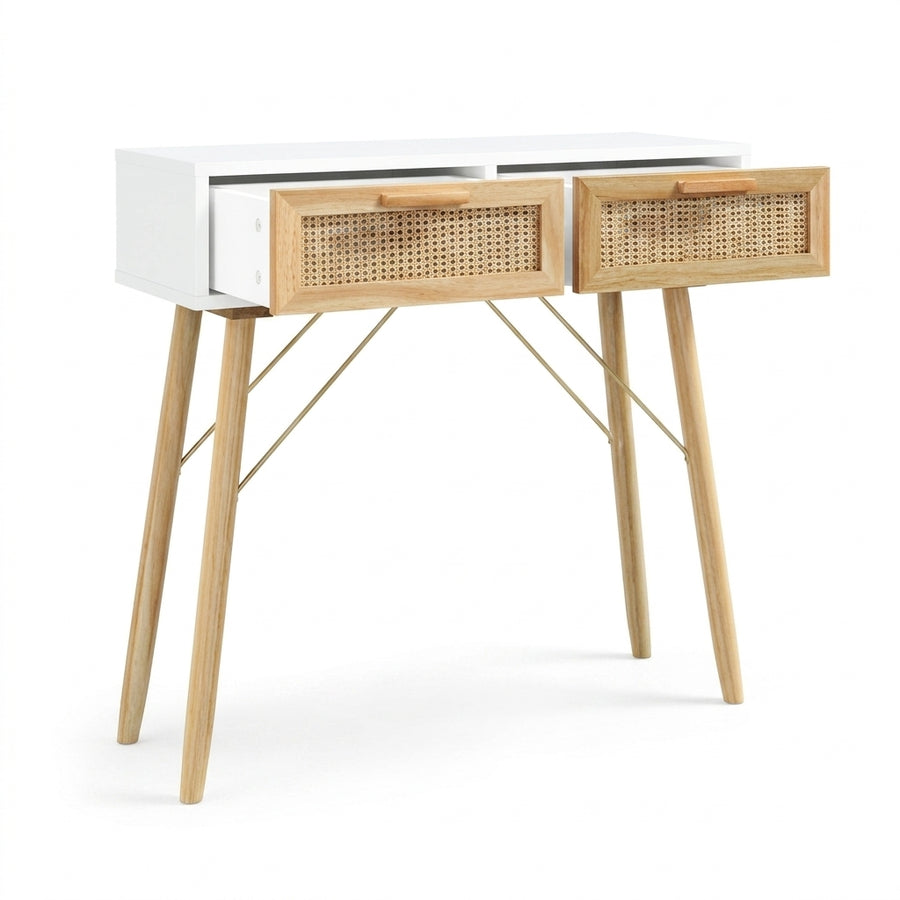 Console blanche en pin massif et rotin naturel