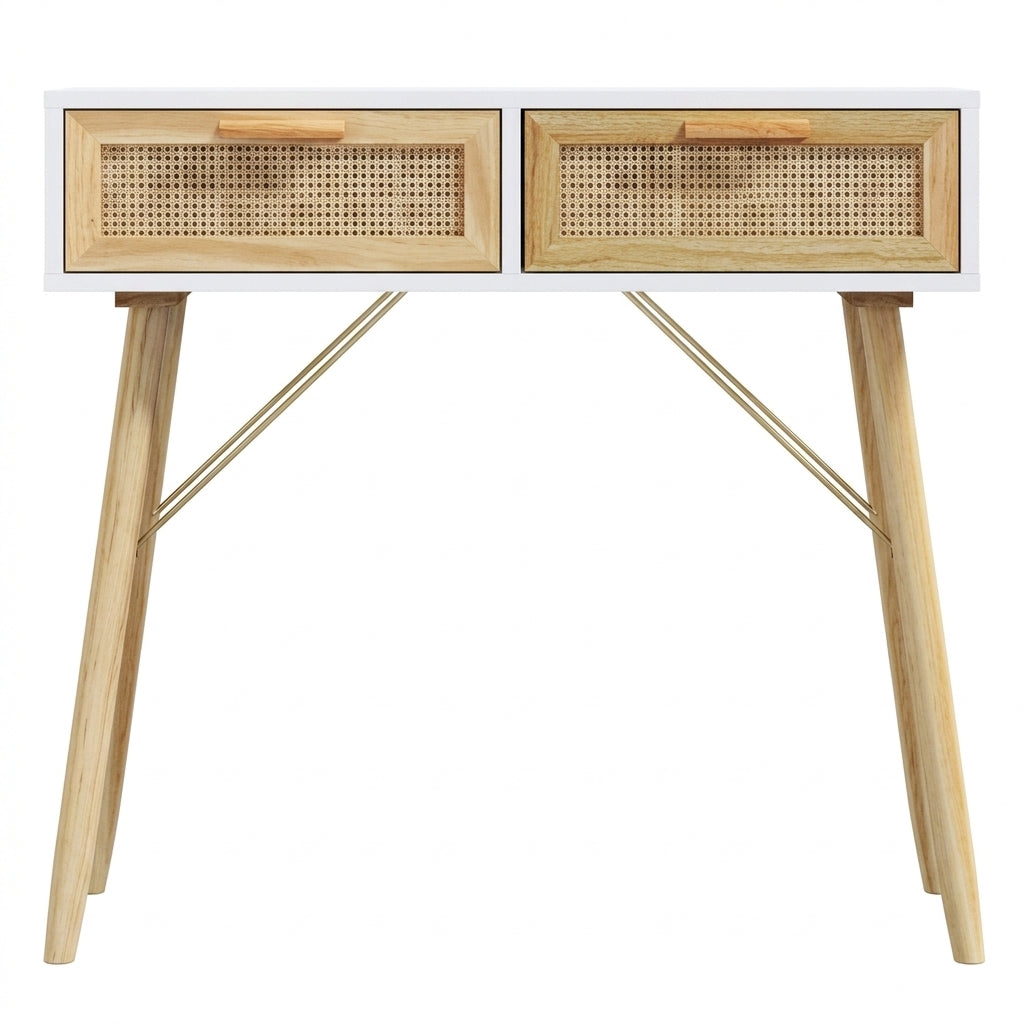 Console blanche en pin massif et rotin naturel