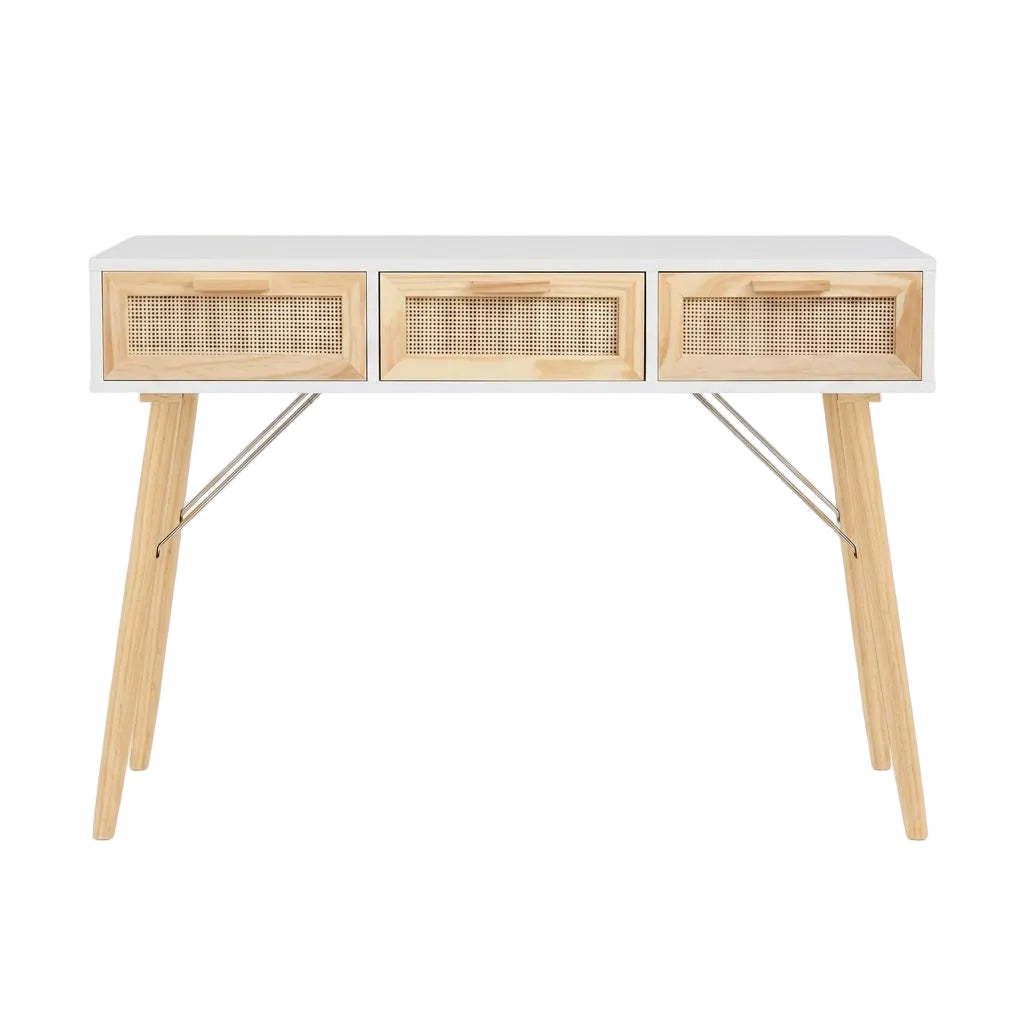 Console blanche en pin massif et rotin naturel à 3 tiroirs