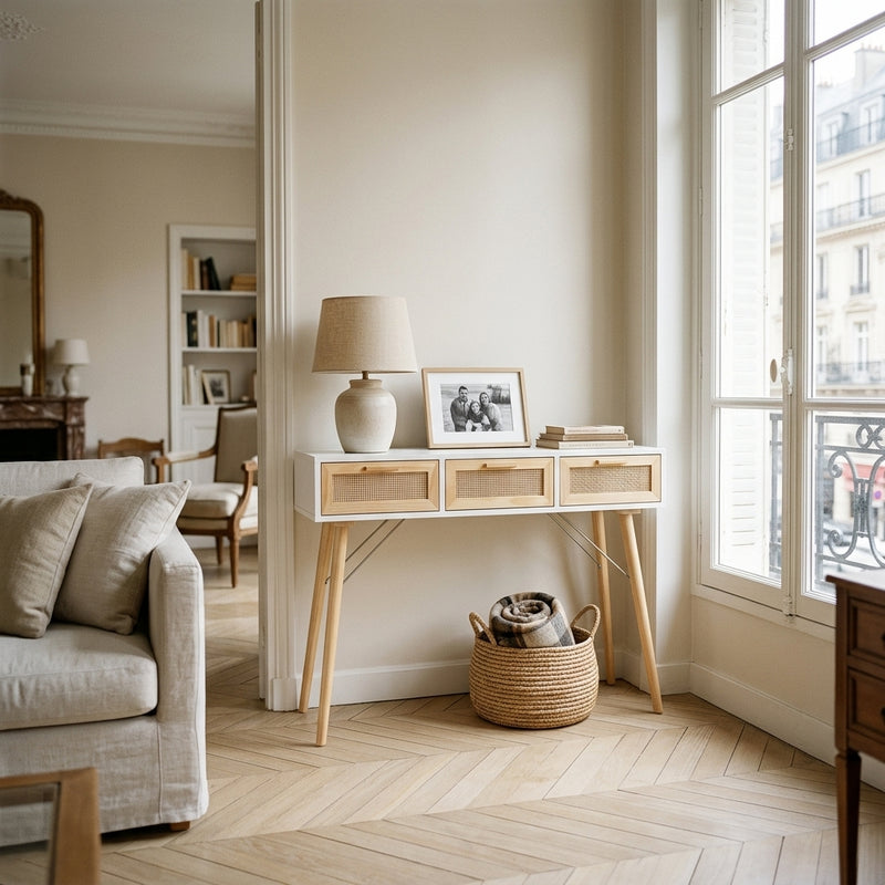 Console blanche en pin massif et rotin naturel à 3 tiroirs