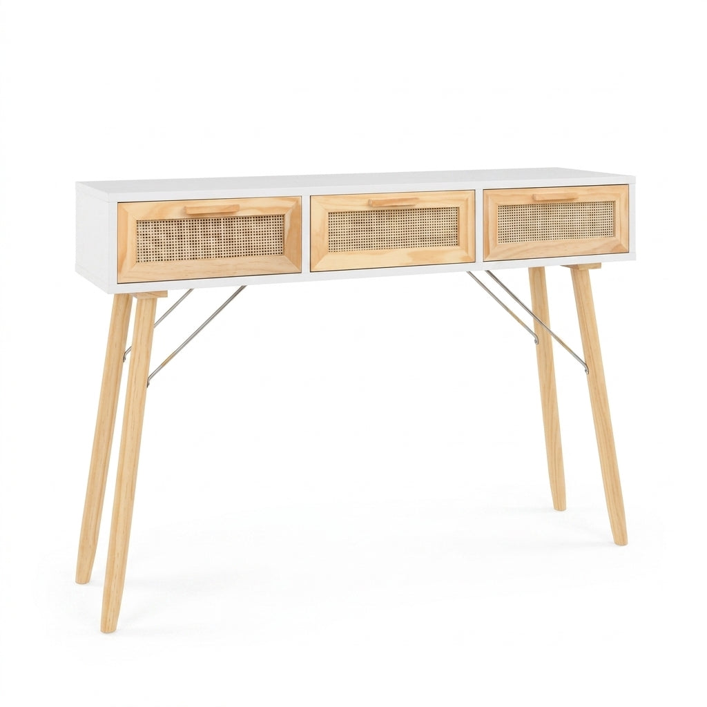 Console blanche en pin massif et rotin naturel à 3 tiroirs