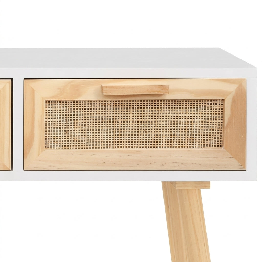 Console blanche en pin massif et rotin naturel à 3 tiroirs