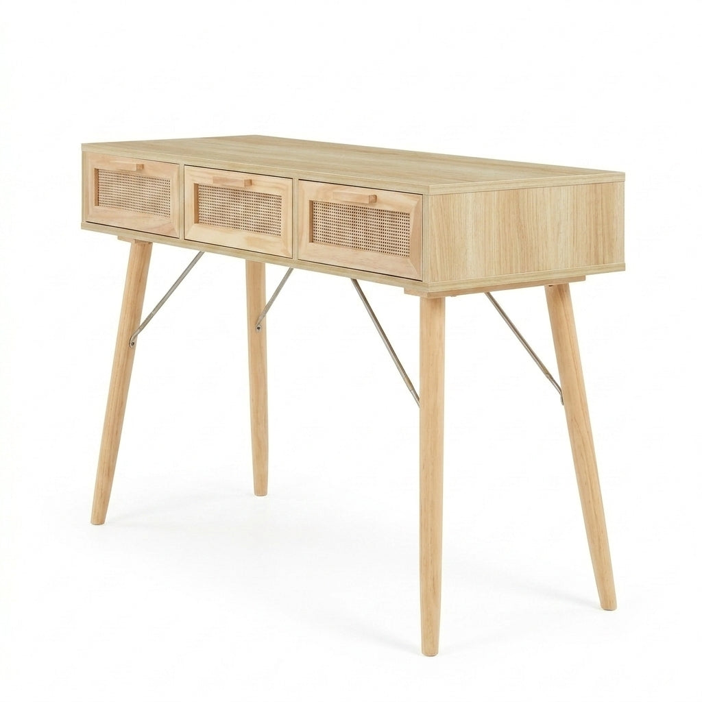 Console en pin massif et rotin naturel à 3 tiroirs