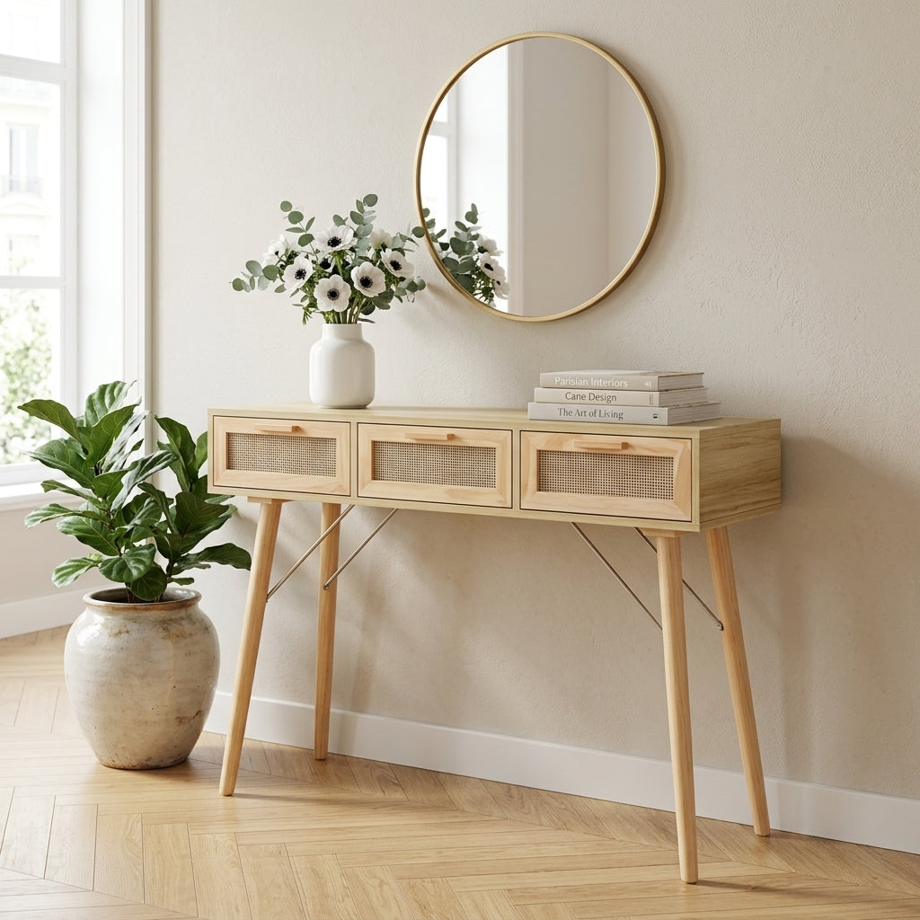 Console en pin massif et rotin naturel à 3 tiroirs