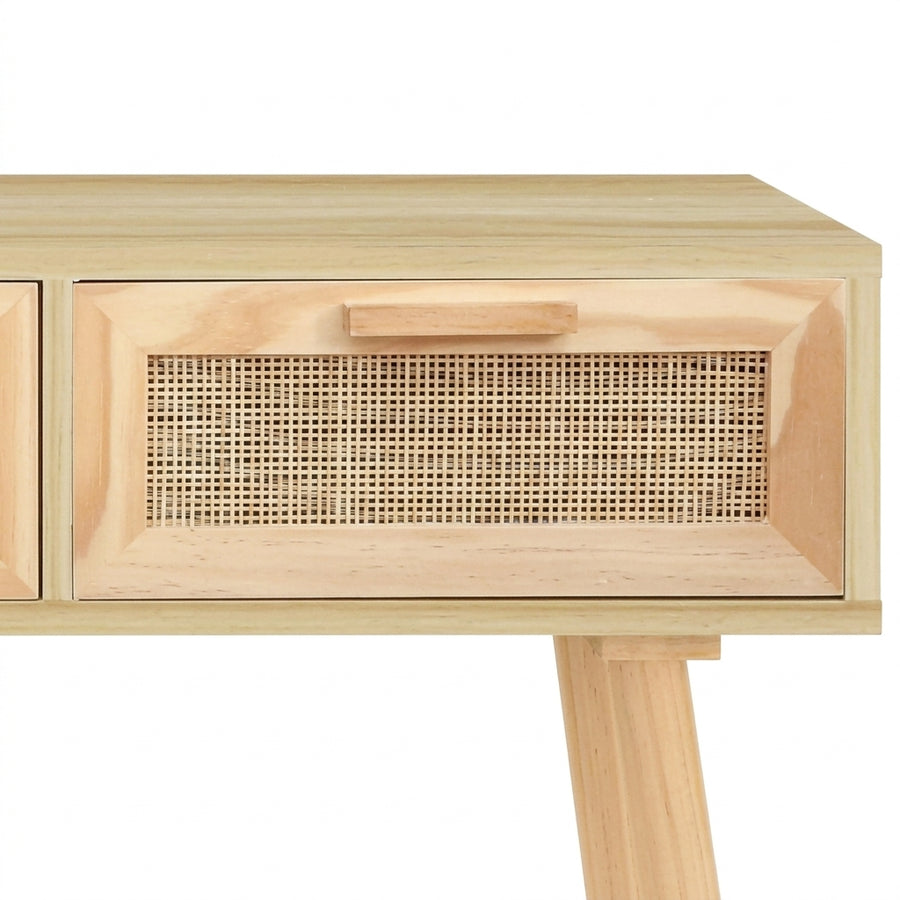 Console en pin massif et rotin naturel à 3 tiroirs