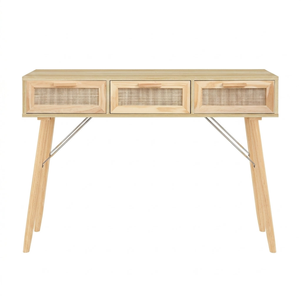 Console en pin massif et rotin naturel à 3 tiroirs