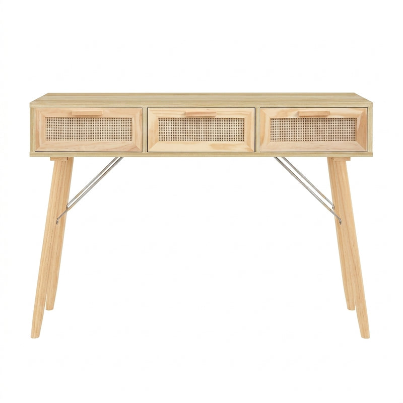 Console en pin massif et rotin naturel à 3 tiroirs