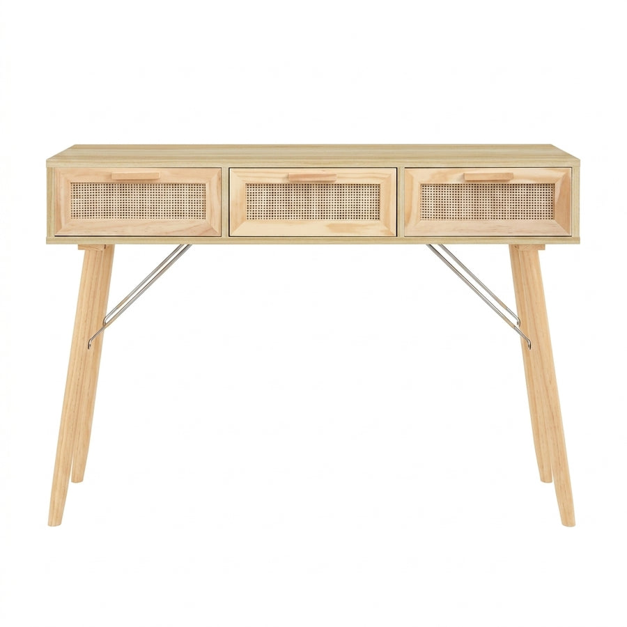 Console en pin massif et rotin naturel à 3 tiroirs