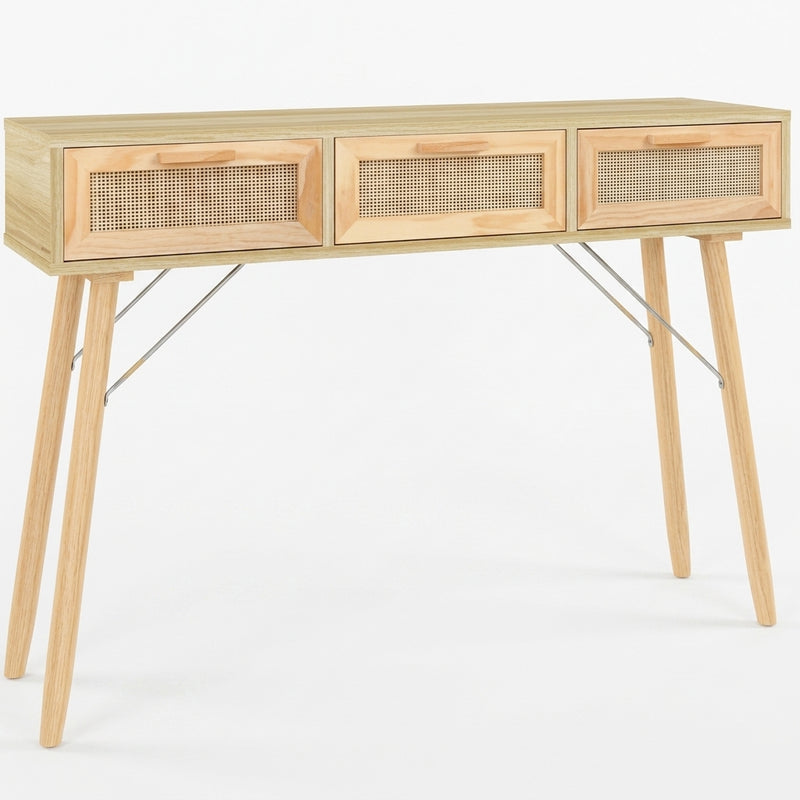 Console en pin massif et rotin naturel à 3 tiroirs