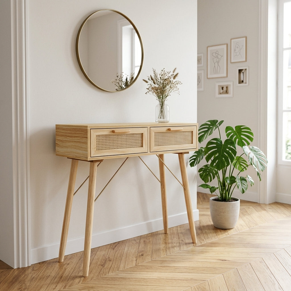 Console marron en pin massif et rotin naturel
