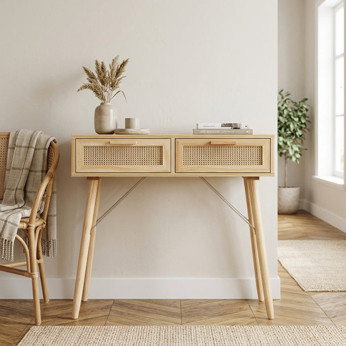 Console marron en pin massif et rotin naturel
