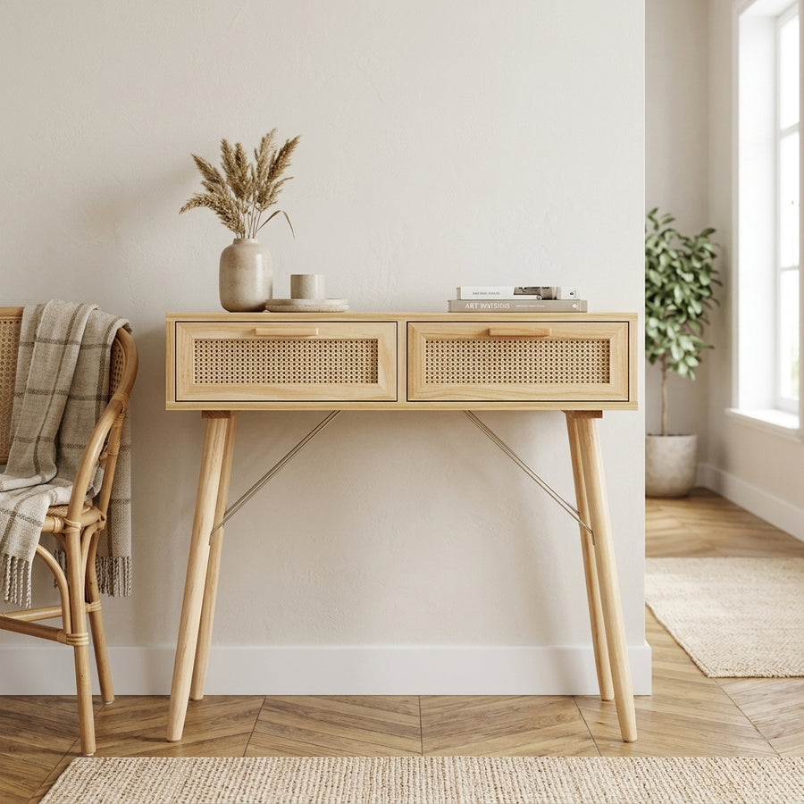 Console marron en pin massif et rotin naturel