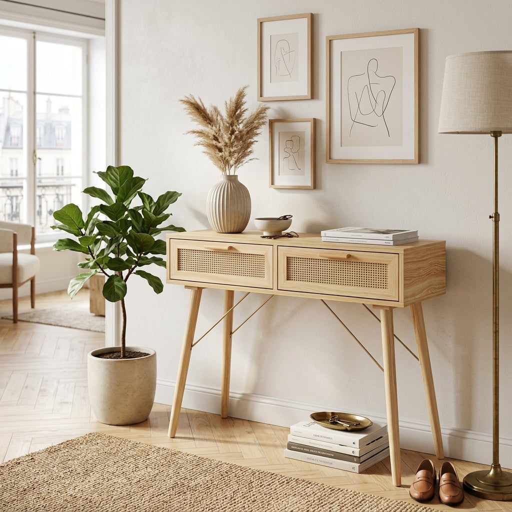 Console marron en pin massif et rotin naturel