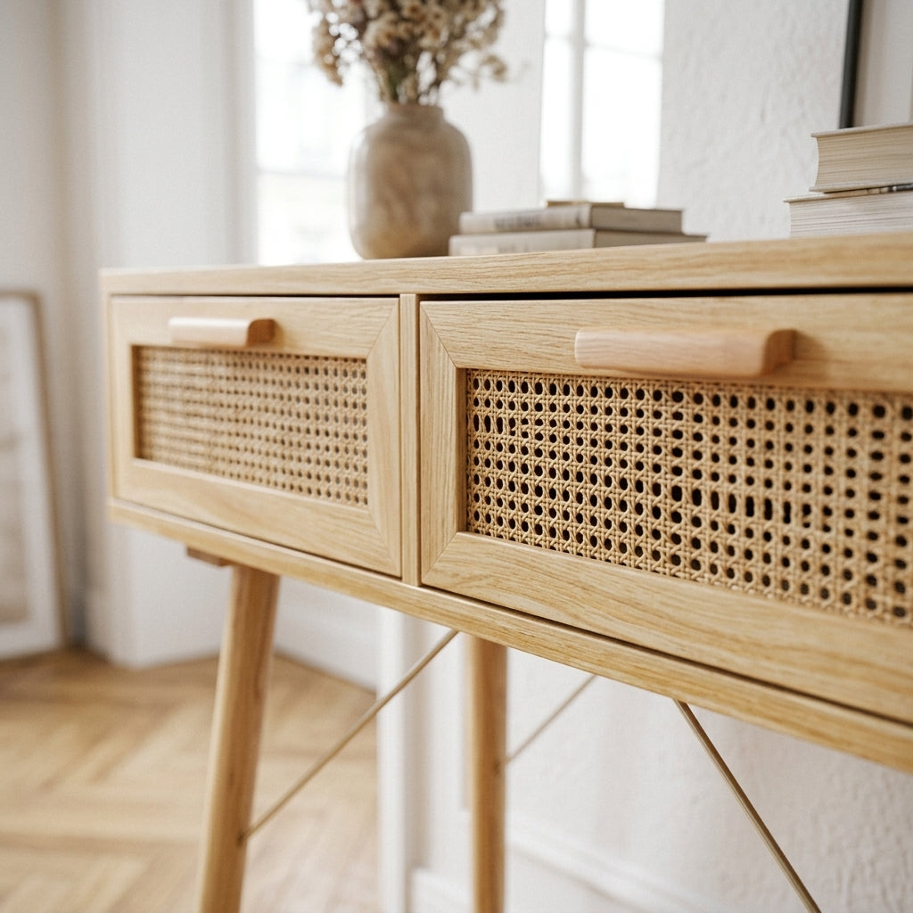 Console marron en pin massif et rotin naturel