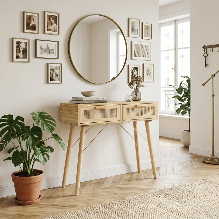 Console marron en pin massif et rotin naturel