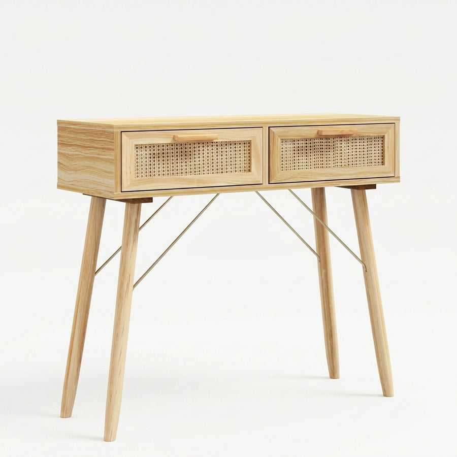 Console marron en pin massif et rotin naturel