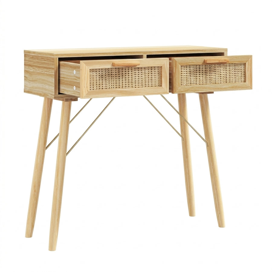 Console marron en pin massif et rotin naturel