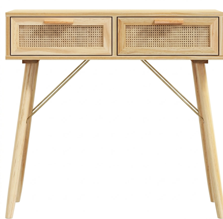 Console marron en pin massif et rotin naturel