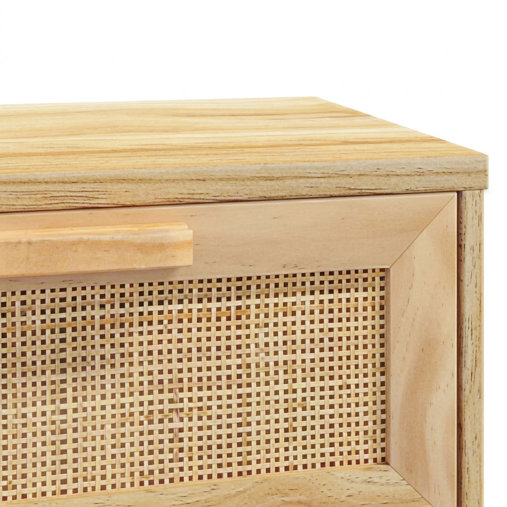 Console marron en pin massif et rotin naturel