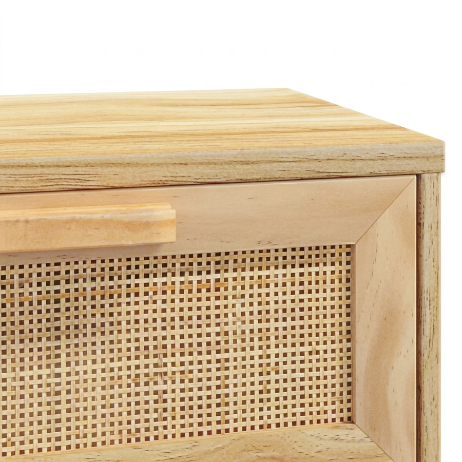 Console marron en pin massif et rotin naturel