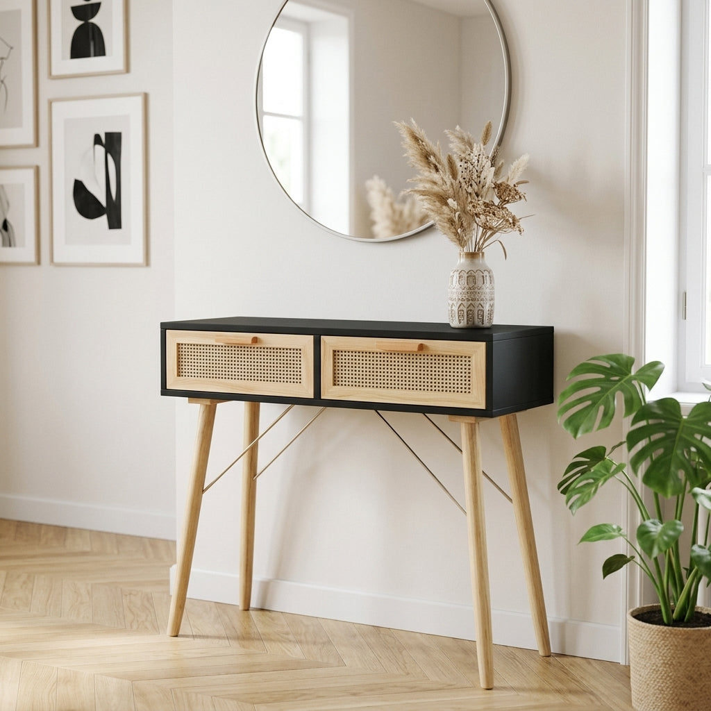Console noire en pin massif et rotin naturel