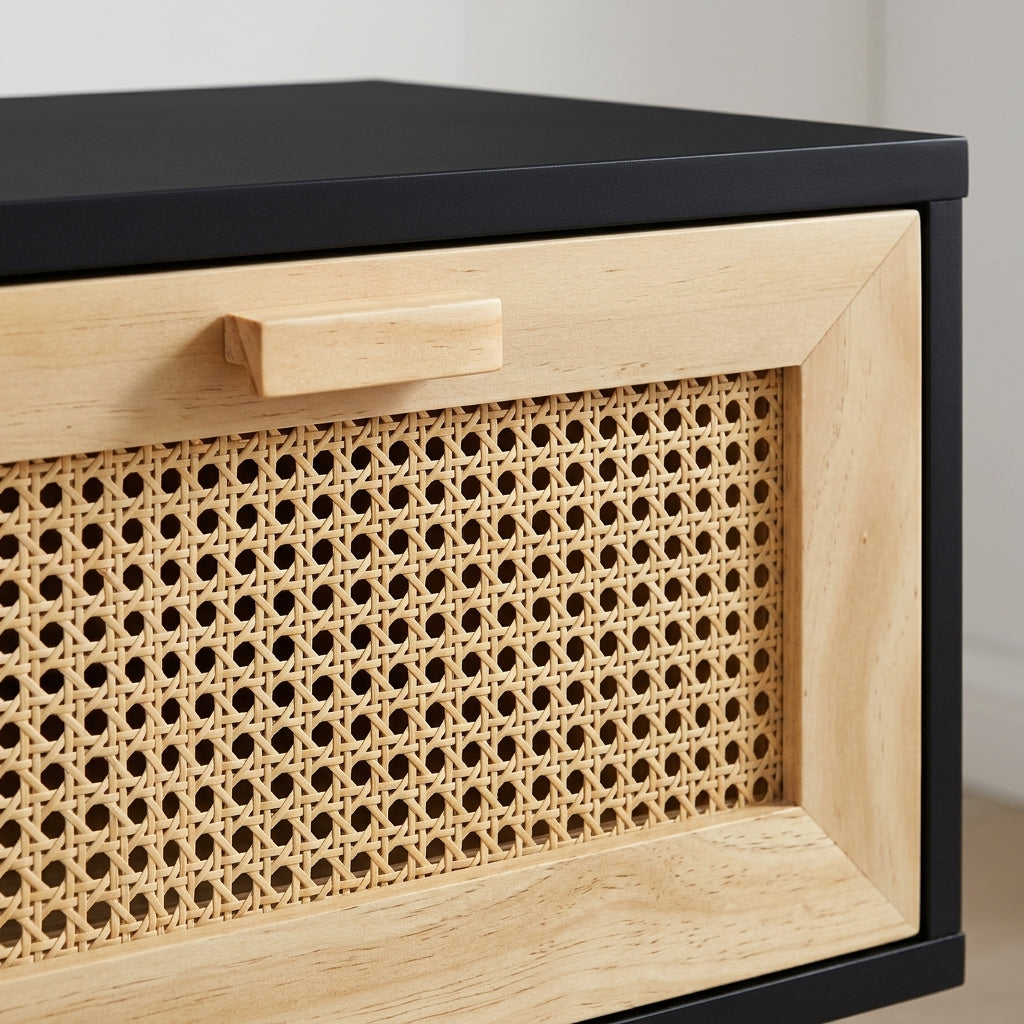 Console noire en pin massif et rotin naturel